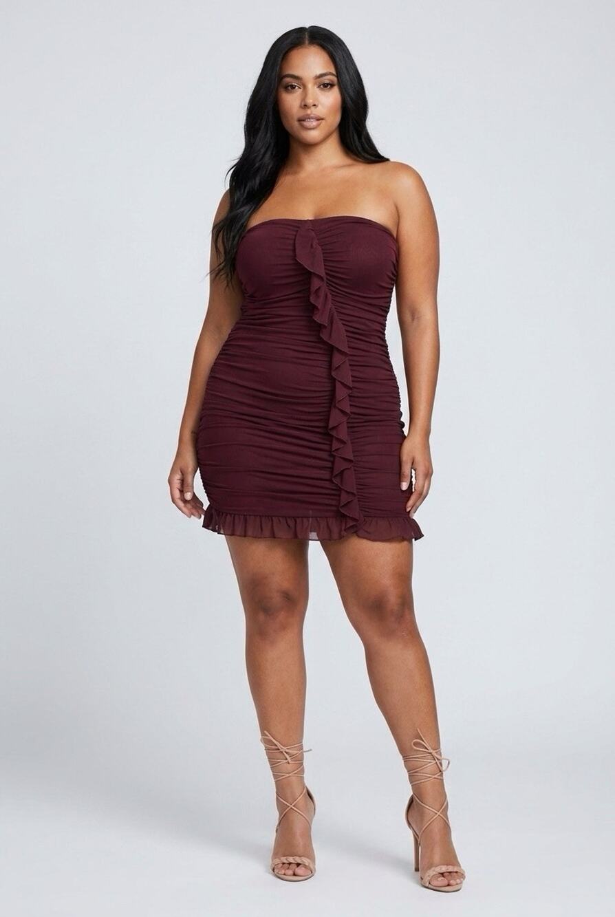 Women Ruched Ruffle Tube Mini Bodycon Dress Wild Fable Y2K Burgundy 2X XXL NWT